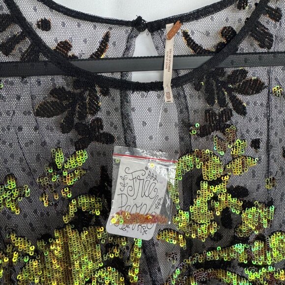 NWT Free People Black Sheer Ruffled Hem‎ Dress Green Gold Sequence Whimsigoth - Picture 6 of 12